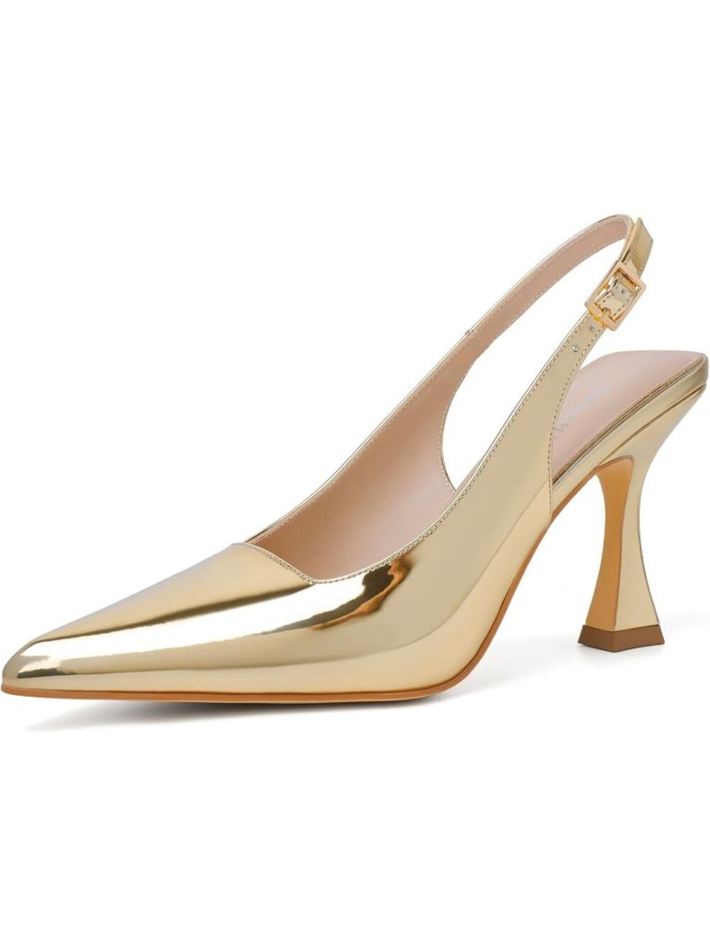 Women's Gold Slingback Kitten Pump Closed Pointy Toe Chunky Heel Shoes